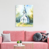 Landelijke kerkpad in bloemenweide canvas afdruk (Insitu (Woonkamer))