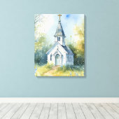 Landelijke kerkpad in bloemenweide canvas afdruk (Insitu (Houten vloer))