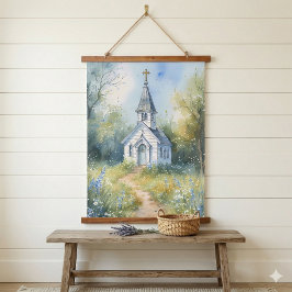Landelijke Kerkpad in Bloemenweide Hangend Wandkleed