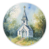 Landelijke kerkpad in bloemenweide keramische knop (Voorkant)