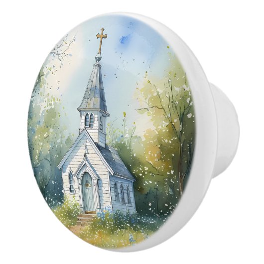 Landelijke kerkpad in bloemenweide keramische knop (Rechts)