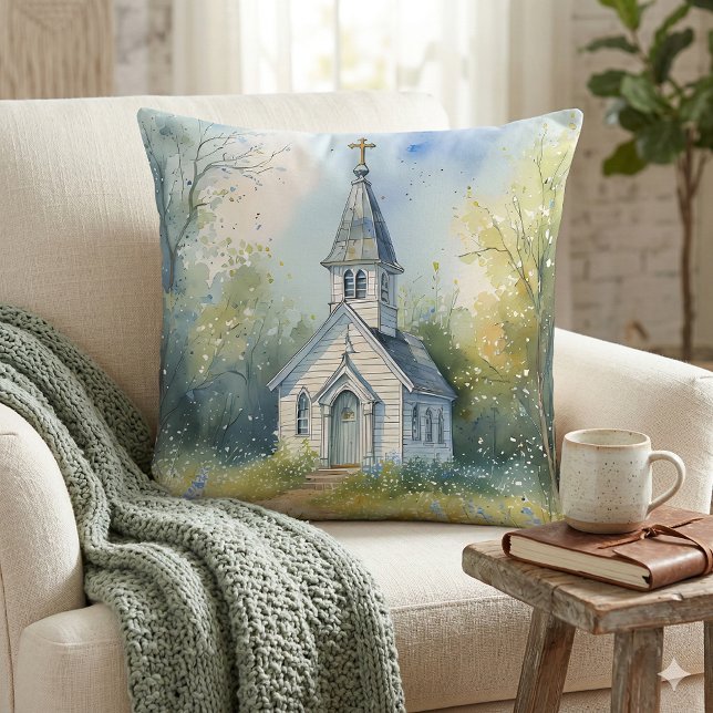Landelijke kerkpad in bloemenweide kussen (Rustic Church Path in Wildflower Meadow Throw Pillow Mockup A)