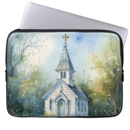 Landelijke kerkpad in bloemenweide laptop sleeve