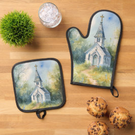 Landelijke kerkpad in bloemenweide ovenwant & pannenlap set