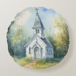 Landelijke kerkpad in bloemenweide rond kussen