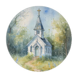 Landelijke kerkpad in bloemenweide snijplank