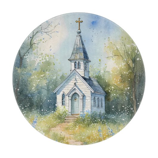 Landelijke kerkpad in bloemenweide snijplank (Voorkant)