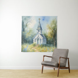 Landelijke kerkpad in bloemenweide wandkleed
