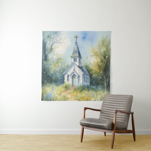 Landelijke kerkpad in bloemenweide wandkleed (In situ)
