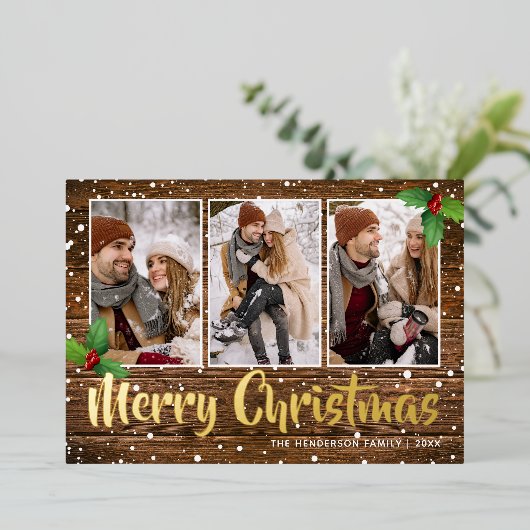 Landelijke Kerst Foto met Rustieke Uitzondering Folie Feestdagenkaart (Staand Voorkant)