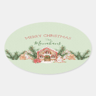 Landelijke kerst-gingerbreadhuis ovale sticker