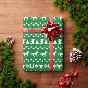 Landelijke Kerstmis Paard Patroon Groen Cadeaupapier