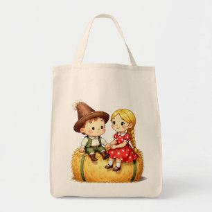 Landelijke kinderen op een hooibaal tote bag