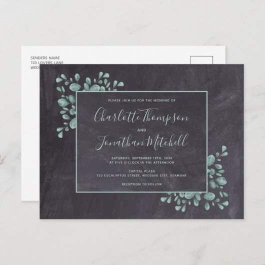 Landelijke krijtbord Eucalyptus Bladeren Groene Tu Uitnodiging Briefkaart (Voorkant / Achterkant)