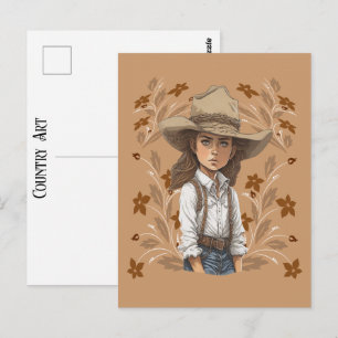 Landelijke Kunst Cowgirl Cowboyhoed Pose Met Bloem Briefkaart