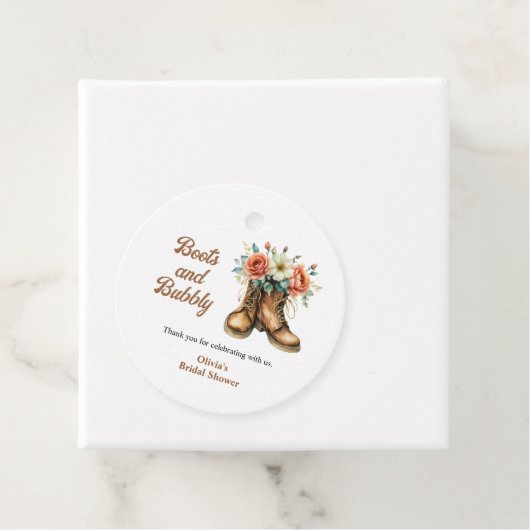 Landelijke laarzen en bruisende westerse bruidsdou bedankjes labels (In situ)