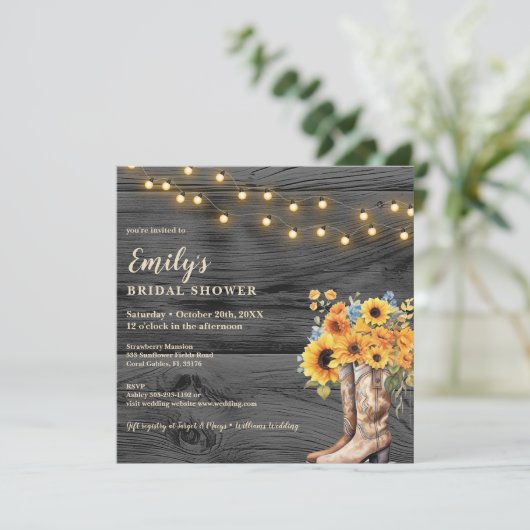 Landelijke laarzen zonnebloem bruiloft uitnodiging (Staand voorkant)