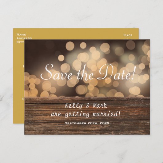 Landelijke landelijke bokeh-lichten bewaar datum a aankondigingskaart (Voorkant / Achterkant)