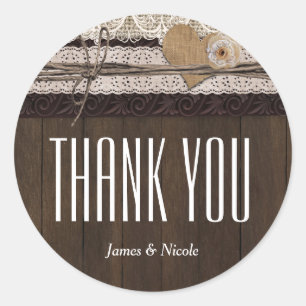 Landelijke landelijke jute kant & hout favor stick ronde sticker