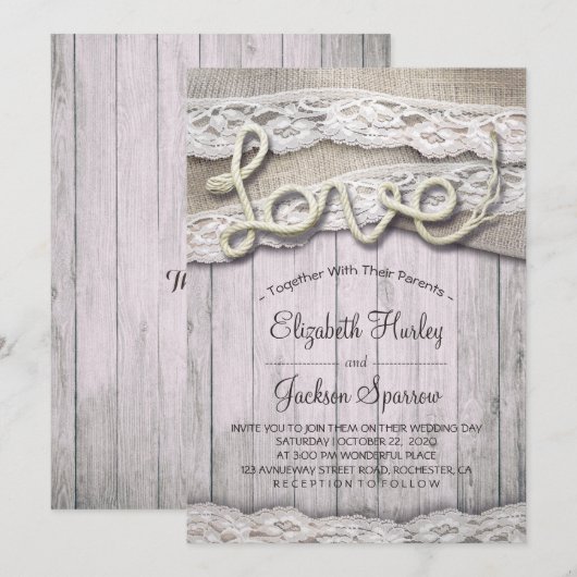 Landelijke landelijke liefdestouw jute kant schuur kaart (Voorkant / Achterkant)