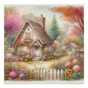 Landelijke landhuis bloemrijke landschap watercolo perfect poster
