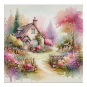 Landelijke landhuis bloemrijke landschap waterverf perfect poster