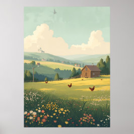Landelijke landhuis met wilde bloemen poster