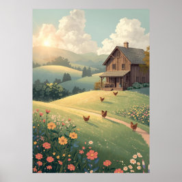 Landelijke landhuis met wilde bloemen poster
