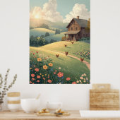 Landelijke landhuis met wilde bloemen poster (Keuken)