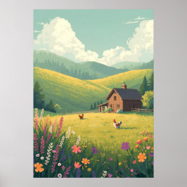 Landelijke landhuis met wilde bloemen poster