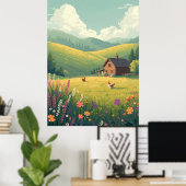 Landelijke landhuis met wilde bloemen poster (Thuiskantoor)