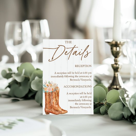 Landelijke landlaarzen en hoed bruidsdouche detail informatiekaartje