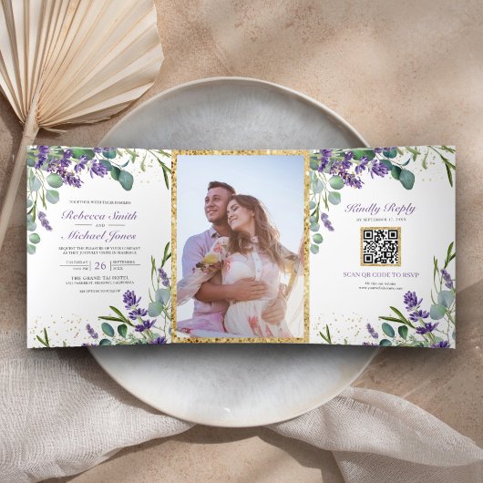 Landelijke Lavendel Eucalyptus Foto QR Code Trouwf Drieluik Uitnodiging