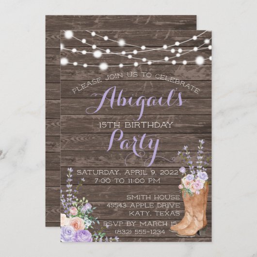 Landelijke lavendelbloemen seringen houten uitnodi kaart (Voorkant / Achterkant)