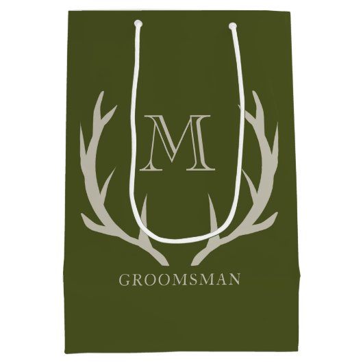 Landelijke legergroene gewei aangepaste bruidsjonk medium cadeauzakje (Achterkant)