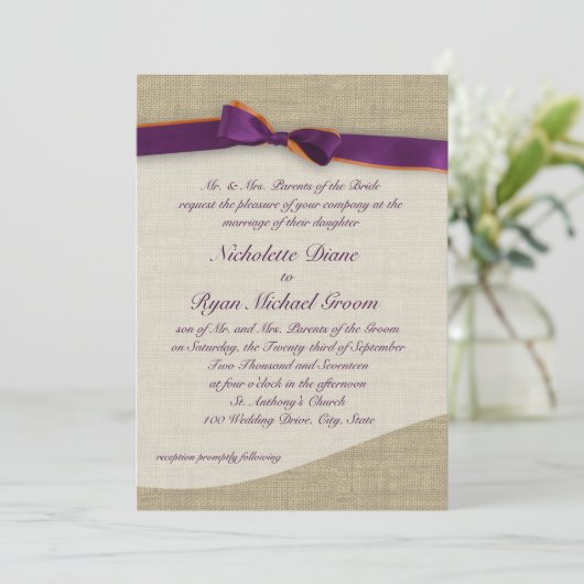 Landelijke linten en jute sinaasappel en paarse br kaart (Staand voorkant)