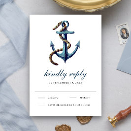 Landelijke marineblauwe anker touw nautische trouw RSVP kaartje