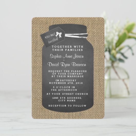 Landelijke Mason Jar Jute Bruiloft Uitnodigingen (Staand voorkant)