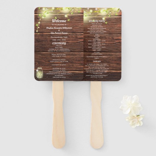 Landelijke Mason Jar Lichten Trouwprogramma Handwaaier (Voorkant en achterkant)