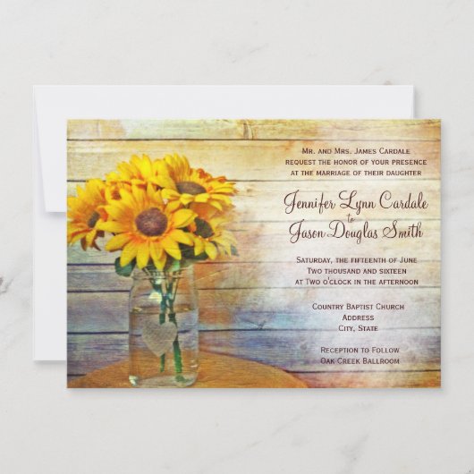 Landelijke Mason Jar Sunflower Wedding Invitting Kaart (Voorkant)