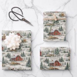 Landelijke met sneeuw bedekte boerderij winterpatr inpakpapier vel