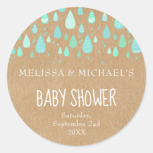 Landelijke mintgroene regendruppels baby shower vo ronde sticker