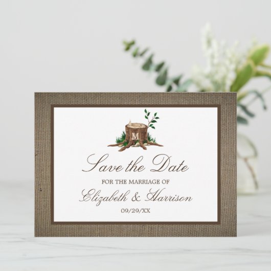 Landelijke Monogram Boom Save The Date in Jute Zak (Staand voorkant)