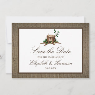Landelijke Monogram Boom Save The Date in Jute Zak