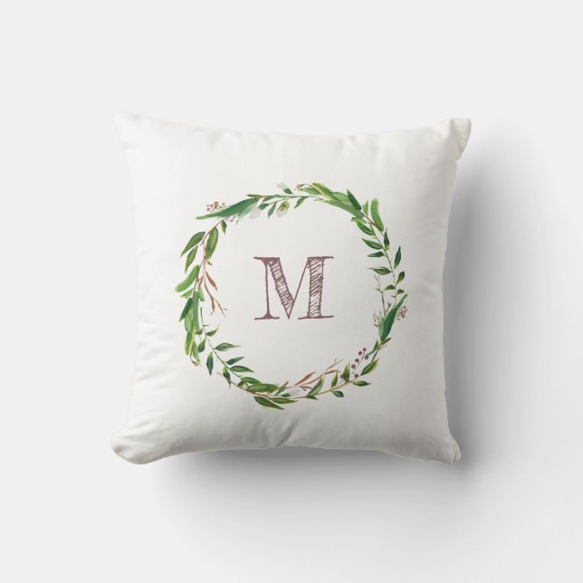 Landelijke monogram waterverf bladeren laurierkran kussen (Voorkant)