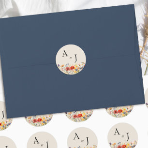 Landelijke Monogram Wilde Bloemen Bruiloft Ronde Sticker