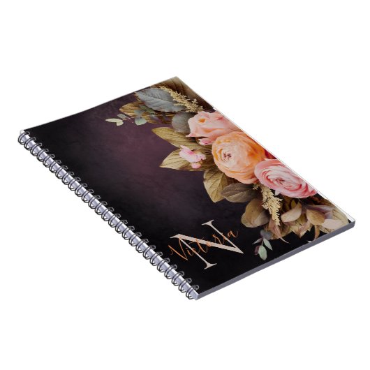 Landelijke Monogramnaam Roze Bloemige Bladversieri Notitieboek (Rechterzijde)