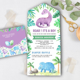 Landelijke Mooie Blauwe en Paarse Dinosaur Baby Sh All In One Uitnodiging