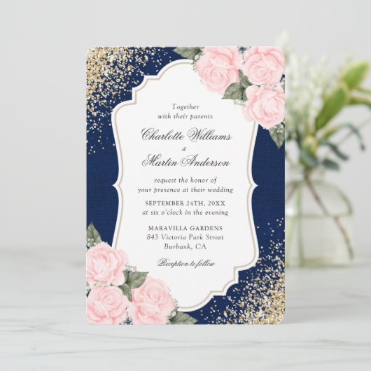 Landelijke Navy Blauwe Blush Rozen Jute Bruiloft Kaart (Staand voorkant)