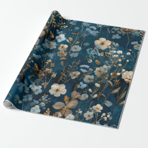 Landelijke Navy Blauwe Botanische Elegante Vintage Cadeaupapier
